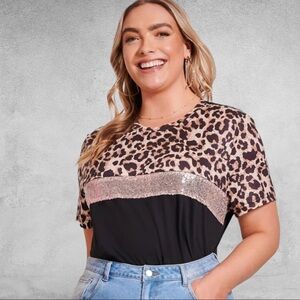 LEOPARD COLOR BLOCK SEQUIN TOP